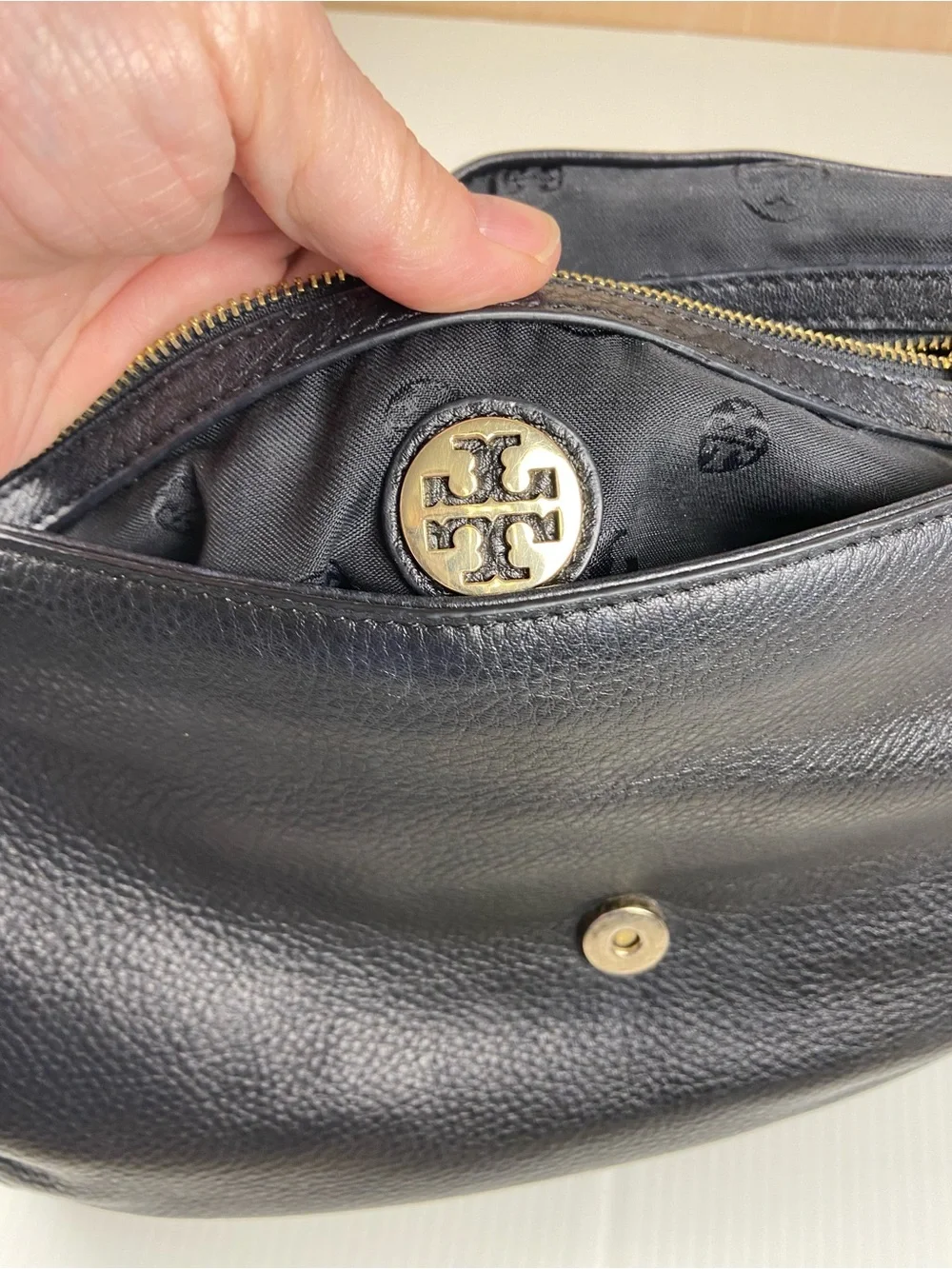Tory Burch Black Pebbled Leather Convertible Gold Chain Shoulder Bag